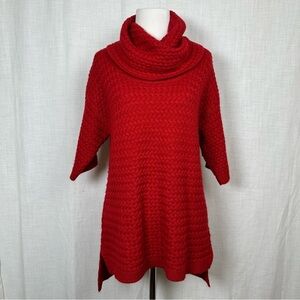 Womens Longline Tunic Sweater‎ Medium Red Cowl Neck Short Sleeve Lagenlook Artsy
